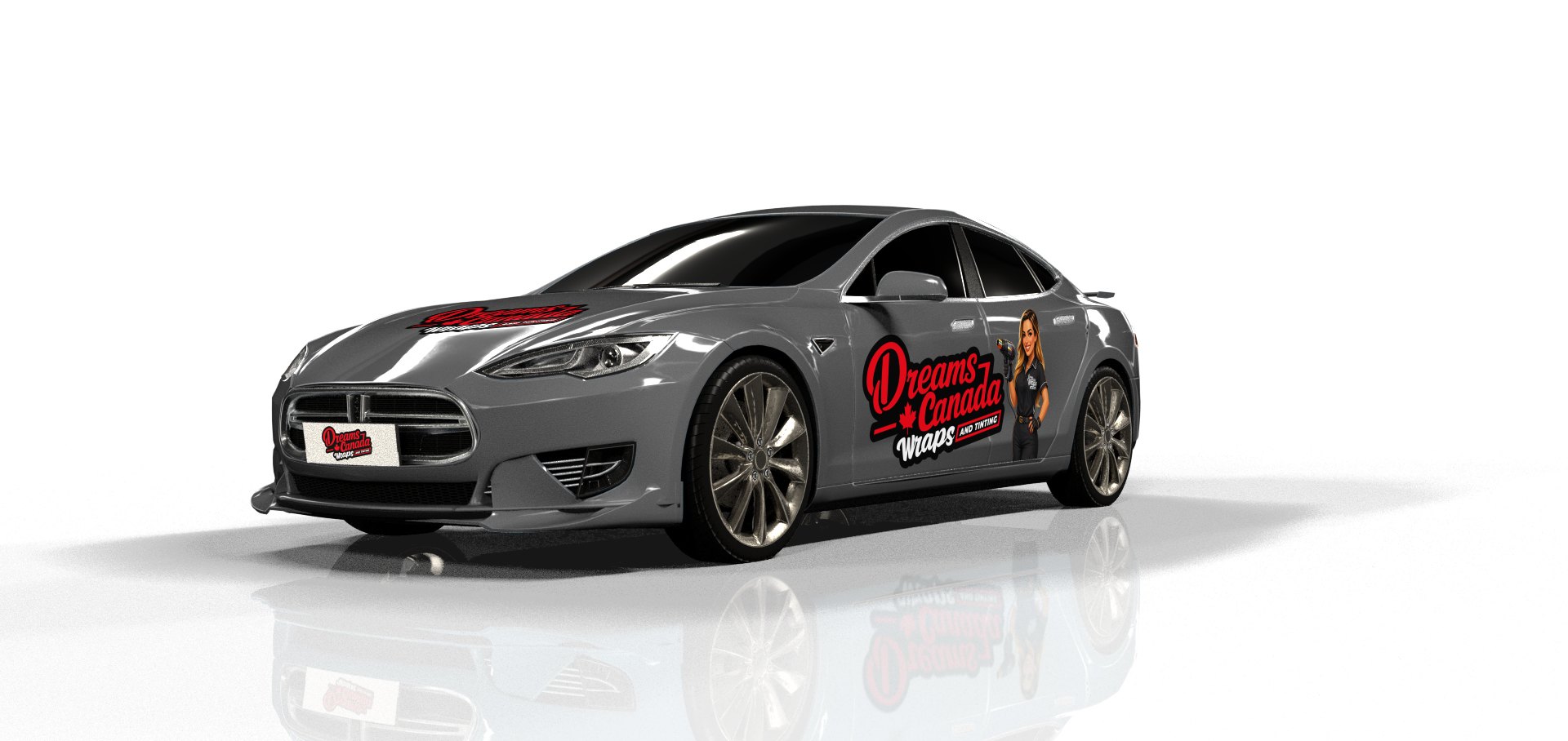 El mismo Tesla Model S envuelto en gris con rotulación de Dreams Canada Wraps